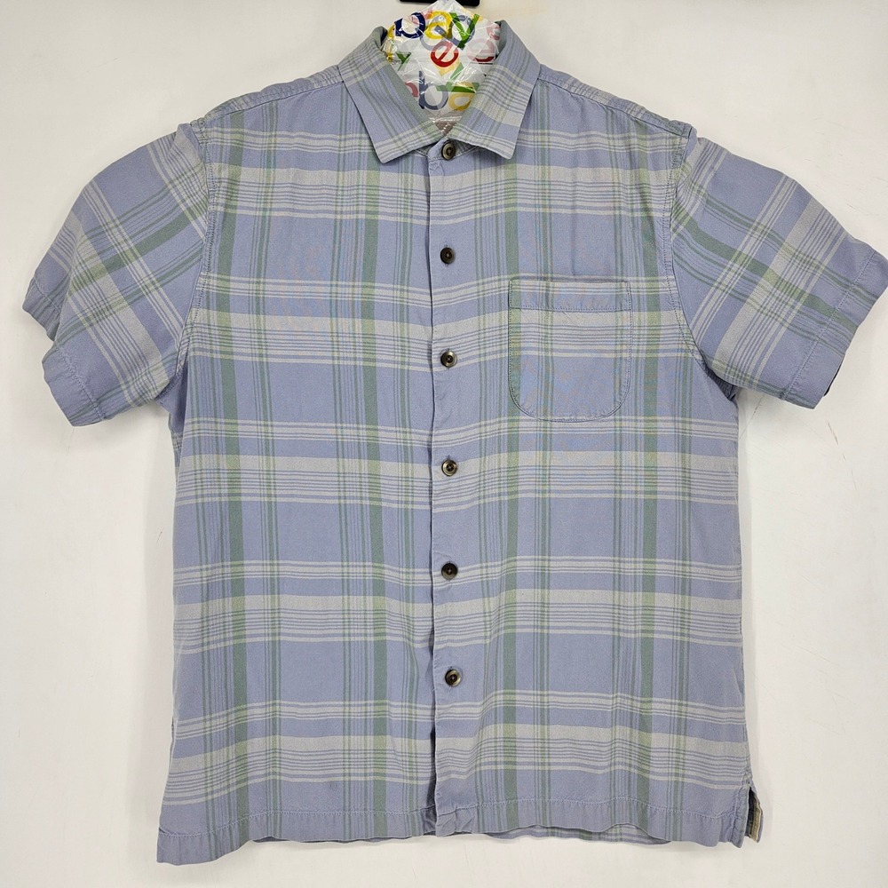 Tommy Bahama Shirt Mens Large Silk Plaid Button Up Blue Short Sleeve Casual